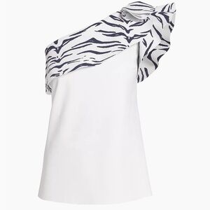 Chiara Boni White One-Shoulder Zebra-Print Ruffle Top, size 10, IT 46. NWT